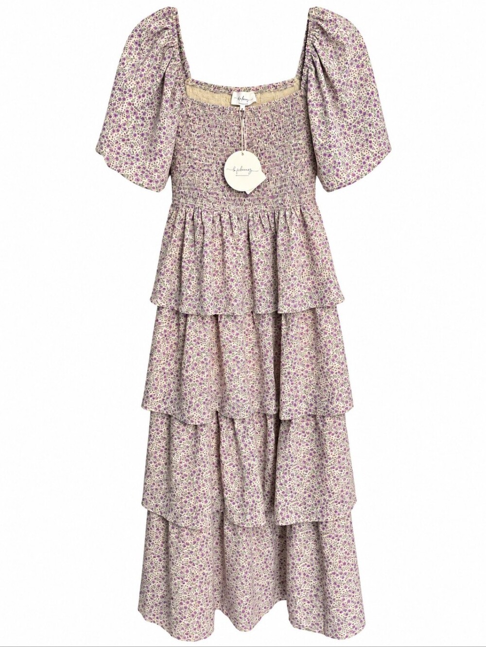 In February Floral Smocked Tiered Maxi Dress Lemon Lavender L NWT
